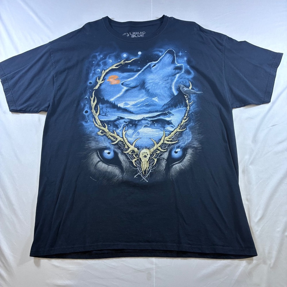 Vintage 2007 Liquid Blue Wolf Graphic T-Shirt Black 2XL Double Sided Nature Tee